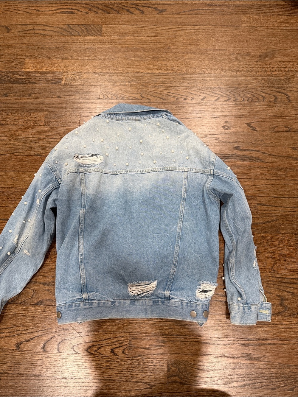 Free People Distressed Light Blue Denim Jacket with Pearl Accents - Picture 7 of 7